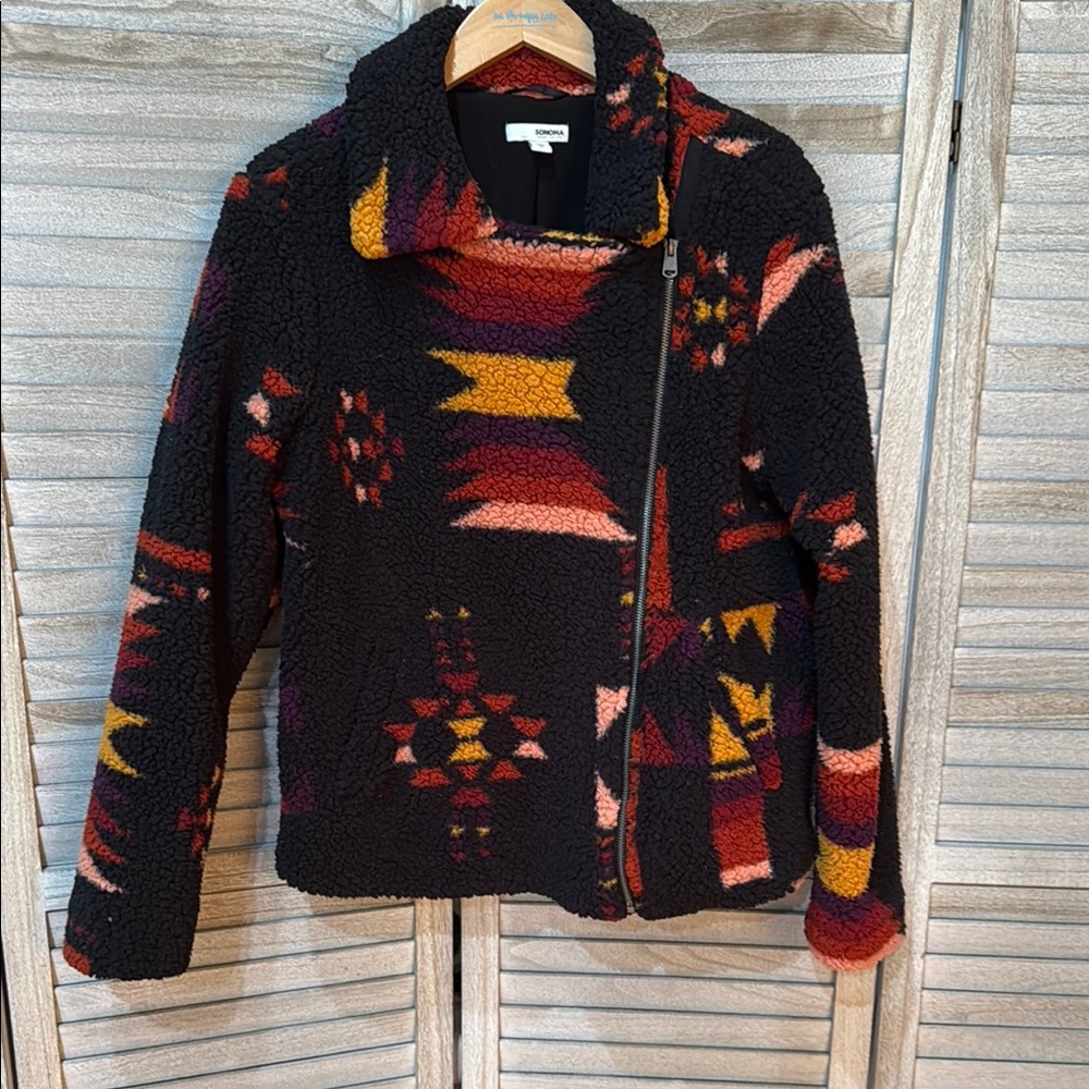 Sonoma Black and Red Teddy Jacket with Bold Geometric Patterns